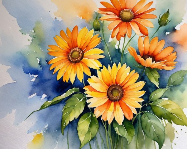 Vibrant Watercolor of Orange Daisies and Green Leaves