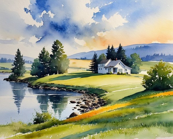 Watercolor Scene of House by Calm Lake and Trees