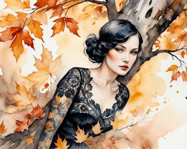 Ethereal Woman in Black Lace Gown Among Autumn Leaves