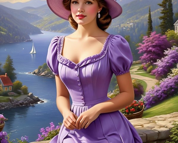 Young Woman in Lavender Dress by Scenic Lakeside