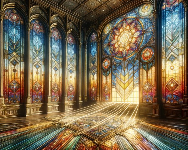 Ornate Interior with Stained Glass and Vibrant Colors