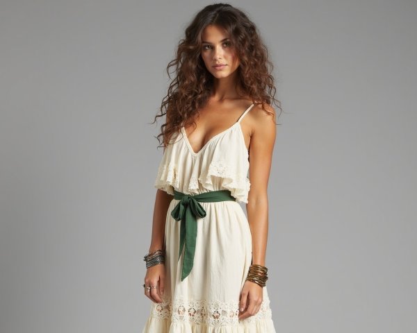 Young woman in cream lace dress with green ribbon