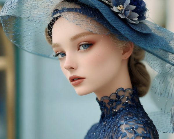 Young Woman in Elegant Blue Hat and Lace Dress