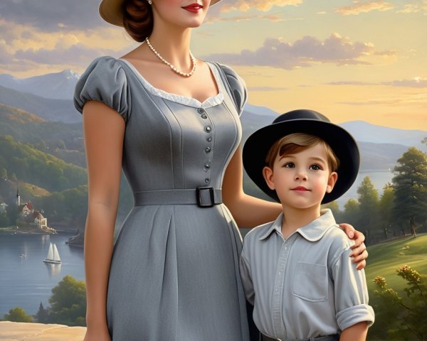 Mother and child pose in elegant landscape setting