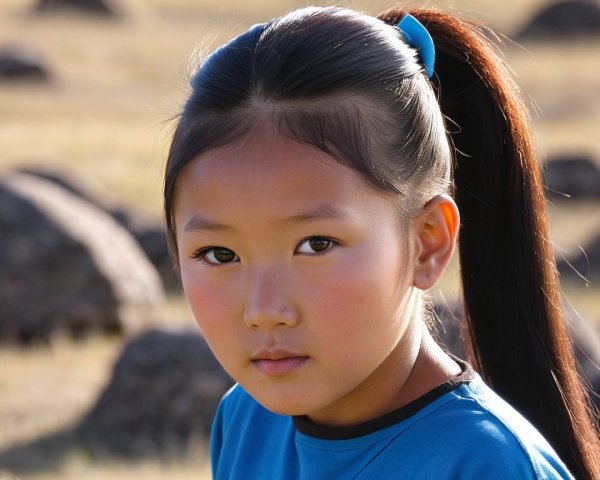 Young girl in blue shirt with serene landscape background