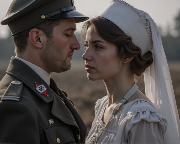 Emotional Moment Between Soldier and Woman in Dress