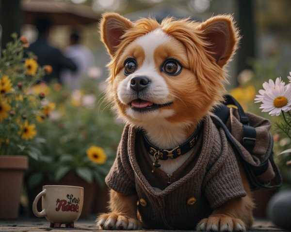 Corgi in Sweater Surrounded by Colorful Flowers