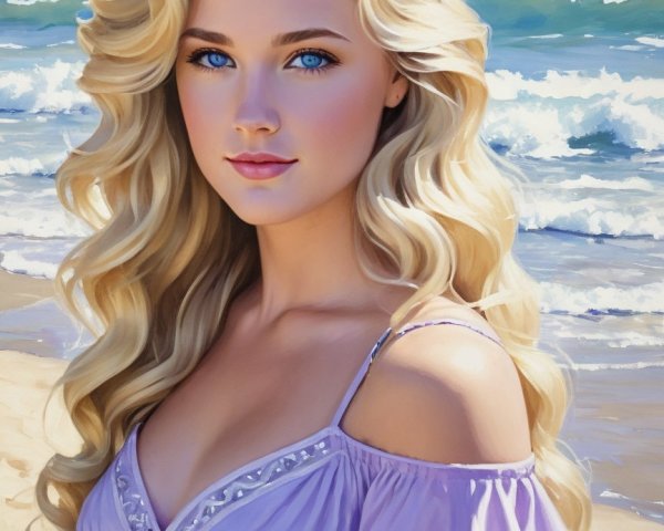 Serene Beach Scene with Young Woman in Lavender Dress