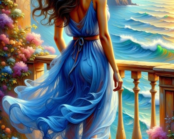 Woman on Floral Balcony Overlooking Ocean Sunset