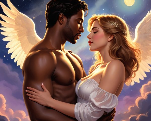 Romantic Couple with Angelic Wings Under Night Sky