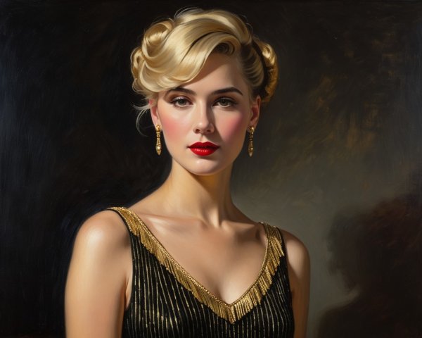 Glamorous Woman in Black Dress with Gold Accents