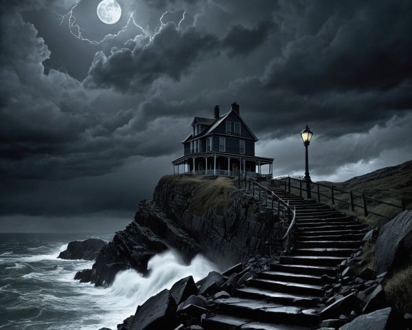 Victorian House on Cliff Under Stormy Night Sky
