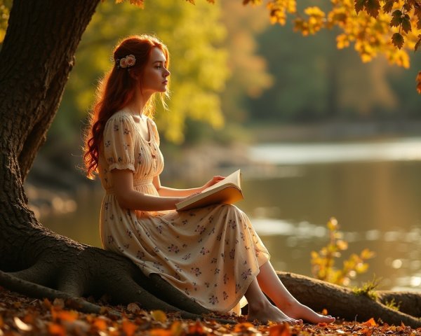Young Woman Reading by a Serene Autumn River
