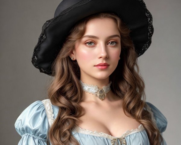 Young woman in elegant blue dress and black hat