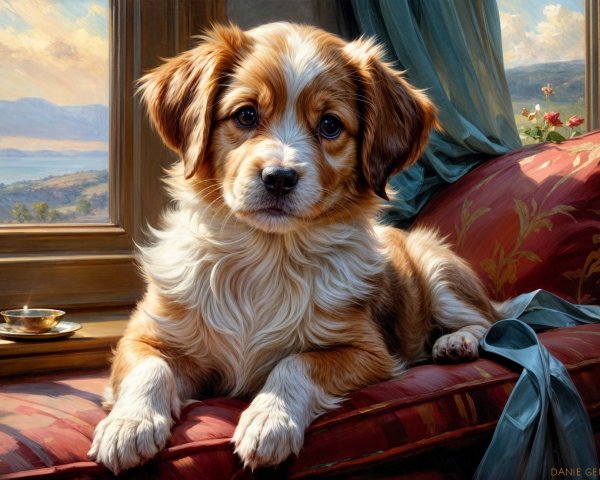 Fluffy Puppy on Floral Sofa with Sunlit Landscape