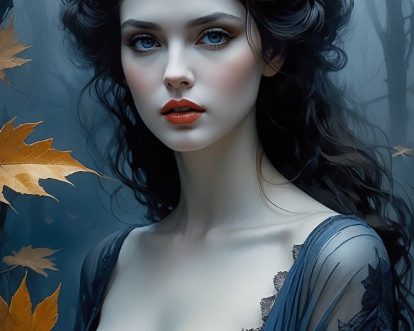 Young woman in gown with leaves in dark woodland