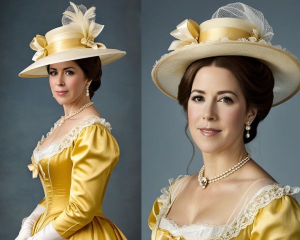 Elegant Historical Woman in Yellow Gown and Hat
