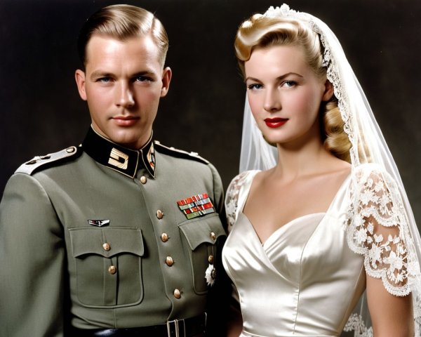 Stylish Couple in Formal Attire with Wedding Elements