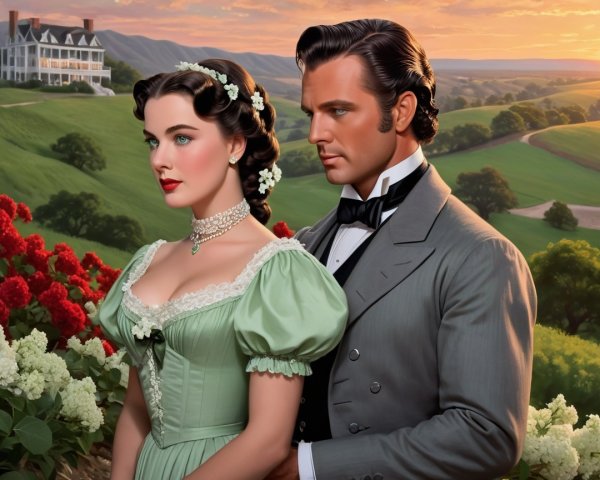 Romantic Couple in Vintage Attire in Scenic Landscape