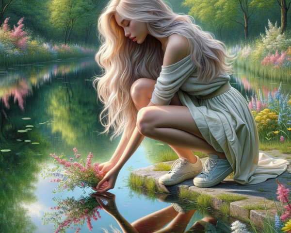 Young Woman by Tranquil Pond with Flowers and Greenery