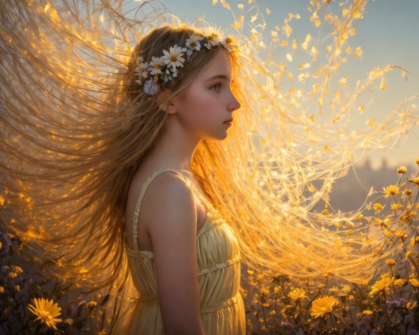 Young girl in yellow dress among blooming wildflowers