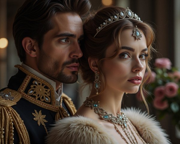 Regal Couple in Elegant Military and Gown Attire