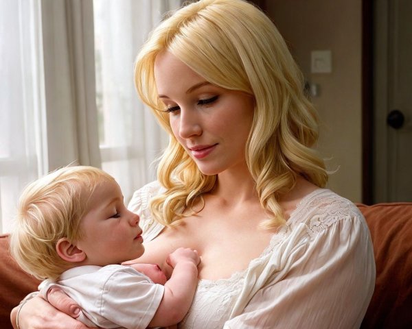 Mother Holding Baby in a Sunlit, Serene Setting