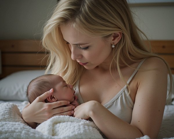 Mother and newborn share a tender moment in cozy light