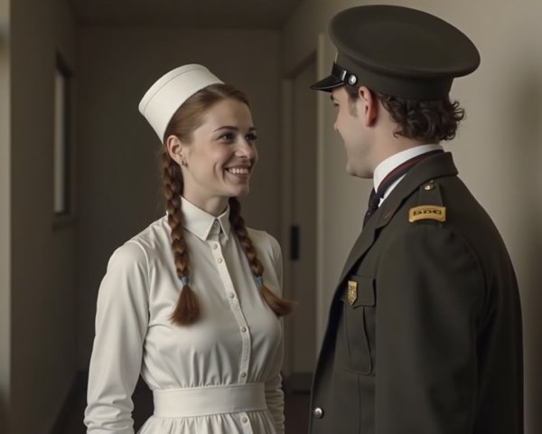 Nurse and Soldier in Cheerful Corridor Conversation
