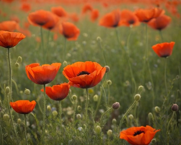 Vibrant Field of Orange Poppies in Lush Greenery