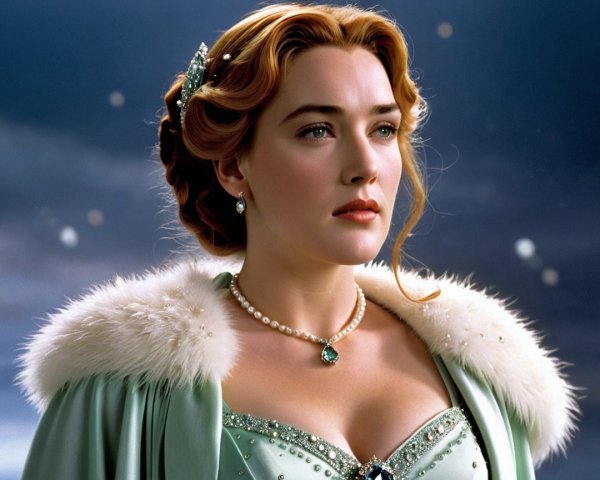Regal figure in mint green gown with elegant details