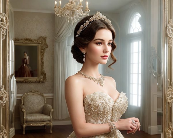 Elegant Woman in Beaded Gown in Luxurious Room
