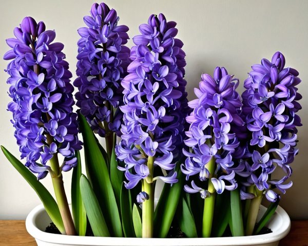 Vibrant Purple Hyacinths in White Planter Arrangement