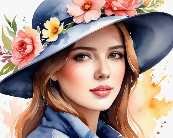 Woman in Blue Hat with Colorful Flowers and Watercolor Background