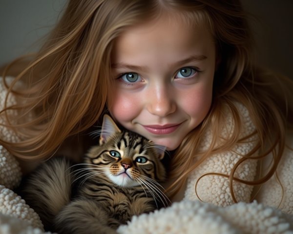 Young girl with kitten in cozy indoor setting