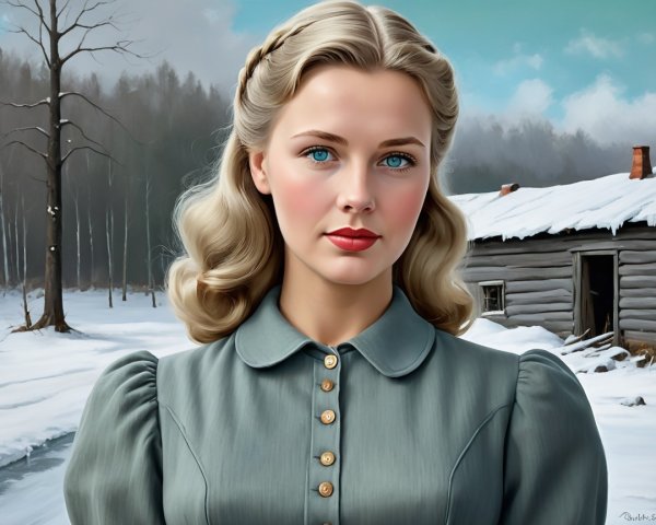 Young Woman in Vintage Dress in Snowy Landscape