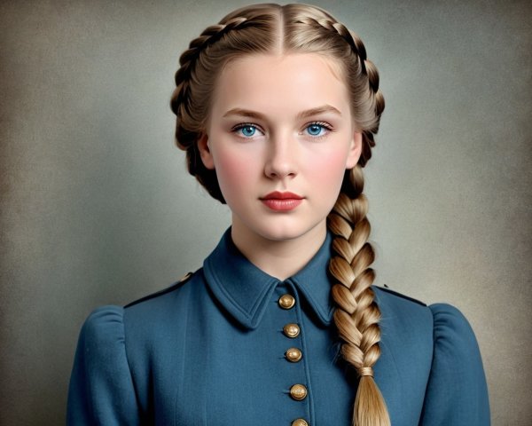 Young girl in vintage blue dress with braided hair