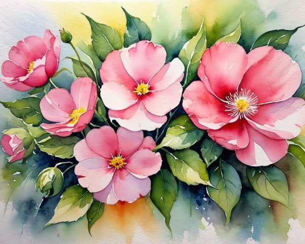 Vibrant Watercolor Bouquet of Pink Flowers and Leaves