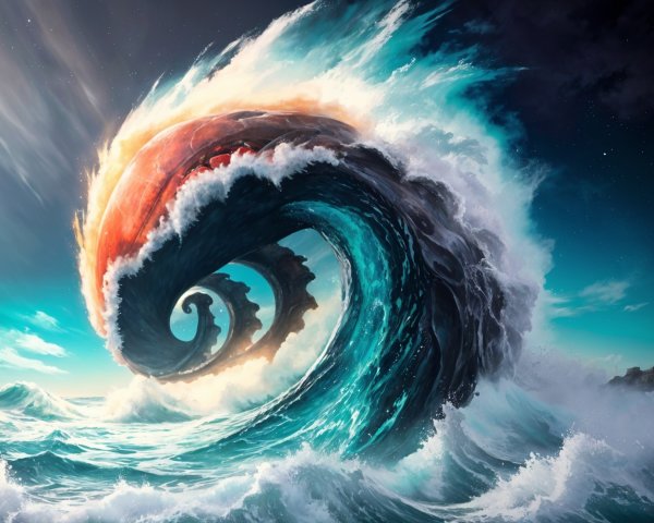Fantasy Scene of Fiery Wave Against Starry Sky
