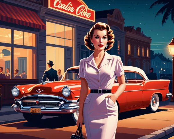 1950s Glamorous Woman by Classic Red Car at Diner