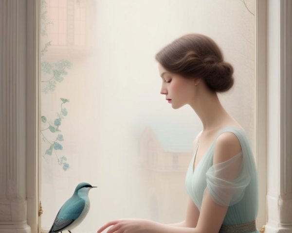 Serene Woman in Aqua Dress by Glowing Window
