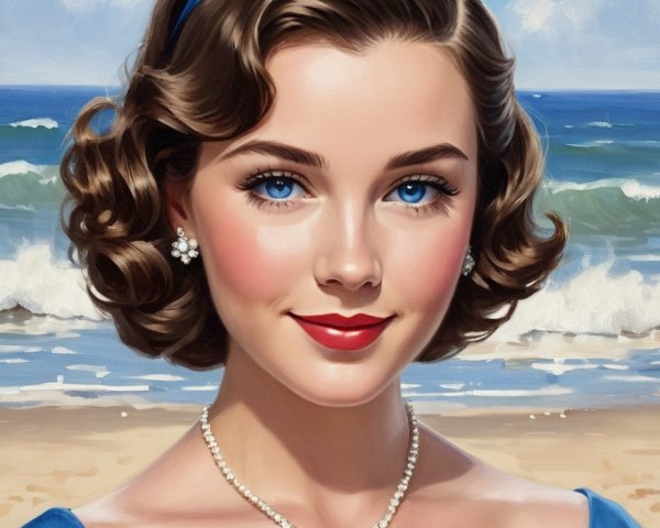 Young Woman in Blue Gown by the Beach with Tiara