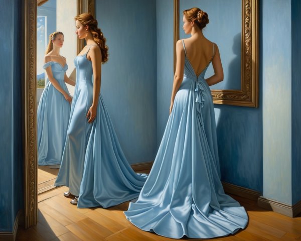 Elegant Room with Figures in Light Blue Gowns