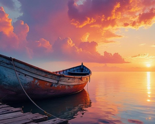 Serene Sunset Over Calm Waters with Wooden Boat