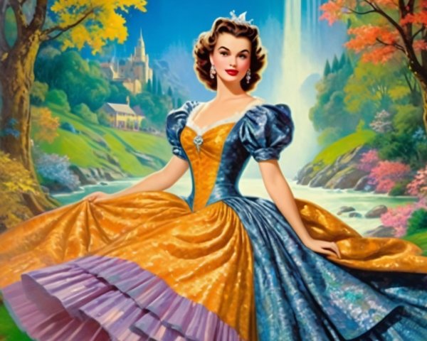 Fairytale Scene with Princess in Orange and Blue Gown