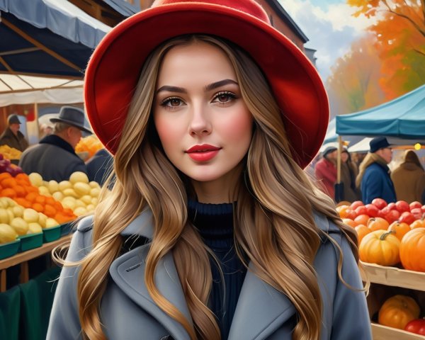 Young Woman in Gray Coat at Autumn Market Scene