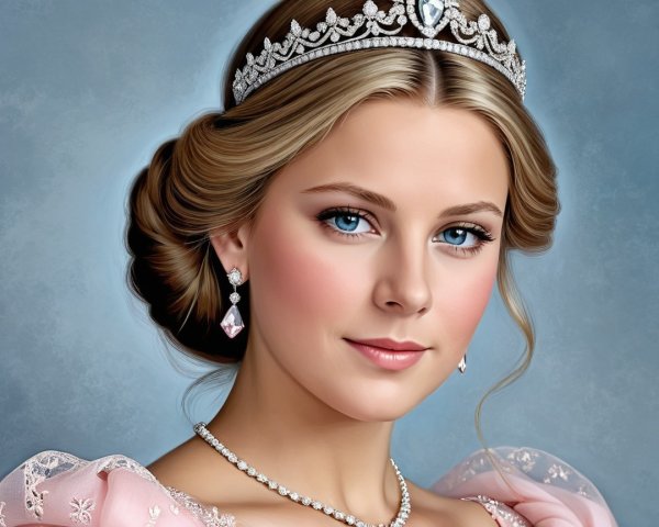 Young Woman in Pink Gown with Jewel Tiara and Blue Background