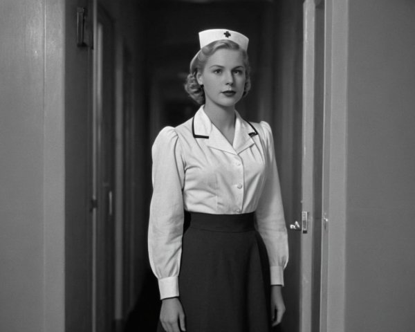 Nurse in Classic Uniform in Dimly Lit Corridor