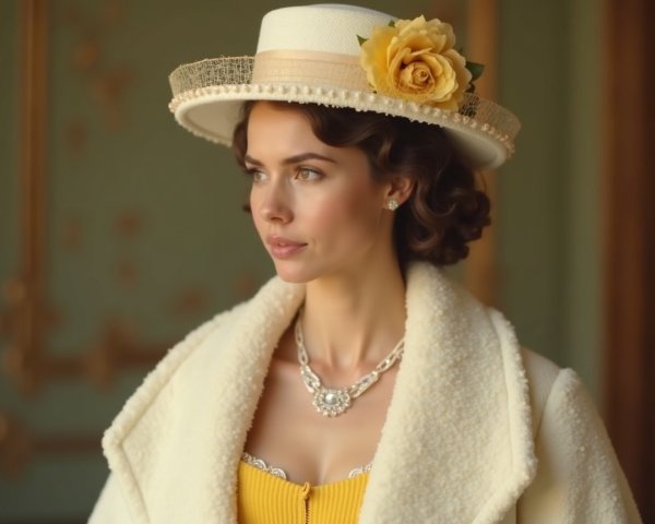 Elegant Vintage Attire with Cream Coat and Yellow Dress