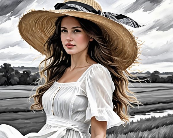 Young Woman in White Dress in Scenic Landscape